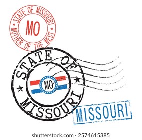 Postal rubber stamps STATE OF MISSOURI and MO zip code abbreviation, along with the state symbol. Retro seals for letter envelopes, greeting cards, passports, parcels.