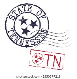 Carimbos postais do ESTADO DO TENNESSEE e CEP TN, juntamente com o símbolo de estado de três estrelas. Selos retroativos para envelopes de carta, cartões de saudação, passaportes, encomendas.