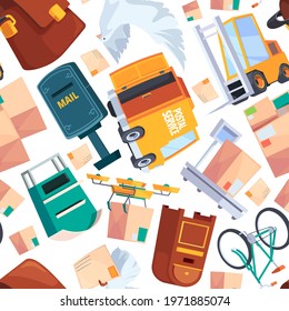 Postal seamless. Delivery mail services postal boxes customer packages paper letters garish vector flat background patterns for textile designs projects