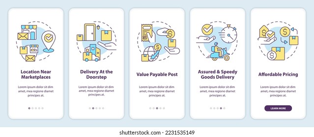 Postal service advantages onboarding mobile app screen. Delivery pros walkthrough 5 steps editable graphic instructions with linear concepts. UI, UX, GUI template. Myriad Pro-Bold, Regular fonts used