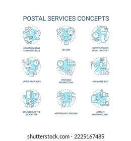 Postal service advantages turquoise concept icons set. Shipping opportunities idea thin line color illustrations. Isolated symbols. Editable stroke. Roboto-Medium, Myriad Pro-Bold fonts used