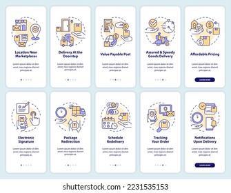 Postal service benefits onboarding mobile app screen. Delivery options walkthrough 5 steps editable graphic instructions with linear concepts. UI, UX, GUI template. Myriad Pro-Bold, Regular fonts used