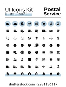 Postal service black glyph ui icons set. Parcel delivery. Mailing. Silhouette symbols on white space. Solid pictograms for web, mobile. Isolated vector illustrations. Montserrat Bold, Light fonts used - Shutterstock ID 2281136117