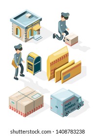 Postal service. Cargo delivery office postcards envelope postbox mail letters vector isometric illustrations. Mail post and envelope, express truck with parcels