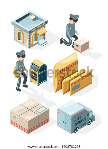 Postal service. Cargo delivery\
office postcards envelope postbox mail letters vector isometric\
illustrations. Mail post and envelope, express truck with\
parcels