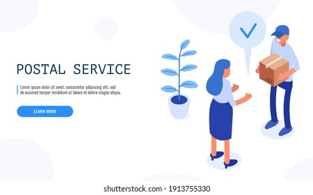 Concepto de servicio postal. Postman le da la caja al cliente masculino. Banner web isométrico. Ilustración vectorial.