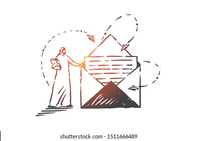 Postal service, correspondence concept sketch. Hand drawn isolated vector