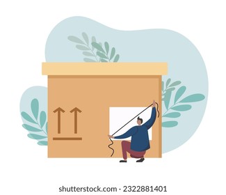 Postal service employee preparing package for distribution. Qualified post office worker measuring dimensions of cardboard box. Flat vector illustration