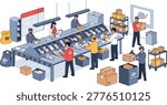 Postal service facility, workers sorting boxes, industrial.