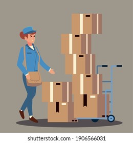 postal service female worker with stacked boxes in cart vector illustration