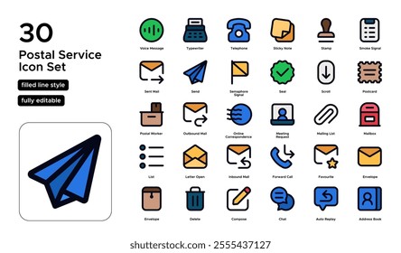 Postal Service Filled Line Icon Set: Mail Delivery, Post Offices, and Parcel Services Icons