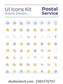 Servicio postal: conjunto de iconos ui de gradiente plano de dos colores. Entrega de paquetes. Enviar y recibir una carta. Correo electrónico. GUI, diseño UX para aplicación móvil. Pictogramas RGB aislados por vectores. Montserrat Negrita, fuentes ligeras usadas