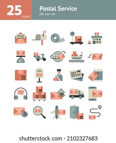 Postal Service flat icon set. Vector and Illustration.