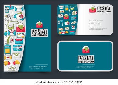 Postal service flyer and business cards set. Background for advertisement, invitation, brochure template. Hand drawn doodle cartoon style mail and package delivery courier concept. Vector illustration