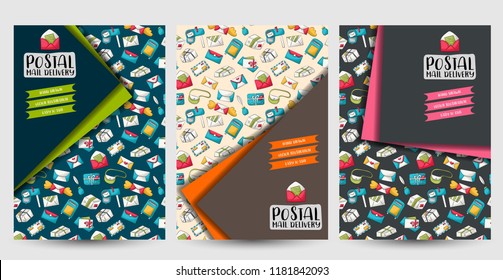 Postal Service Flyer Or Posters Set. Background For Advertisement, Menu, Brochure Template. Hand Drawn Doodle Cartoon Style Mail And Package Delivery Courier Decoration Concept. Vector Illustration.