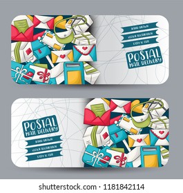 Postal service horizontal banner set. Cute header for invitation, advertisement, web page. Hand drawn  doodle cartoon style mail and package delivery courier design concept. Vector illustration.