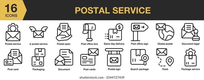 ícone Serviço Postal definido. Inclui serviço postal, caixa do escritório, entrega, cartão postal, embalagem, cartões e muito mais. Contornar coleção de vetores de ícones.