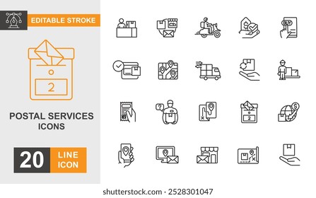 Postal service icon set. Mail, contact, document, feedback, sending and more line icon. Editable stroke icon.