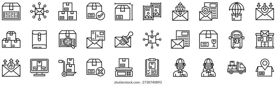 Colección de iconos de Servicio Postal. Ilustración vectorial. Código de barras, Distribución, Caja de entrega, Aprobado, Dimensión, Sello, Correo expreso, Seguro, Paracaídas, Recibir correo. Vector Pro	