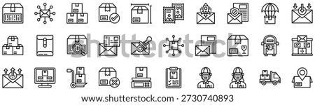 Postal Service icons collection. Vector illustration. Barcode, Distribution, Delivery box, Approved, Dimension, Stamp, Express mail, Insurance, Parachute, Receive mail. Pro Vector	
