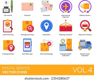 Postal service icons including pen and ink, postcard, international shipment, letter scanning, destination, shipping container, tracking number, post office app, returned package, weight calculator