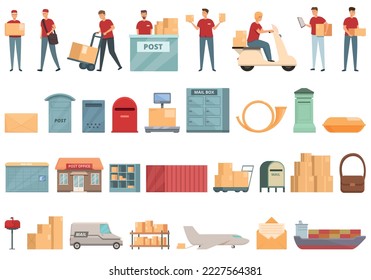 Postal service icons set cartoon vector. Mail office. Parcel mailbox