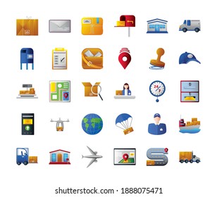 postal service icons set include logistics delivery mail envelope world pointer transport vector illustration