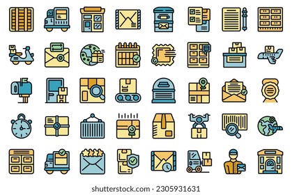 Postal service icons set outline vector. Office mail. Parcel delivery thin line color flat on white