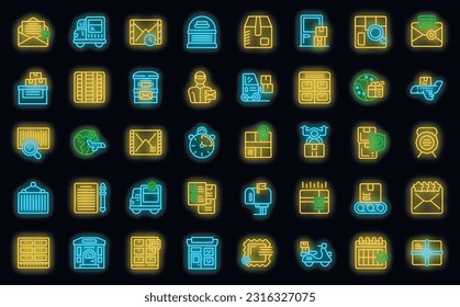 Postal service icons set outline vector. Office mail. Parcel delivery neon color on black