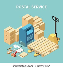 Postal service isometric composition with cardboard boxes and stationery objects 