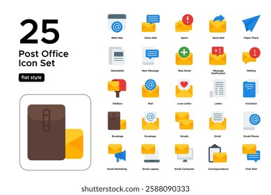 Postal Service and Letter Delivery. Mailbox, Stamps, and Envelope Symbols. Vector Illustration. Flat icon set