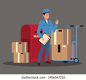 postal service male post worker with mailbox check list and boxes vector illustration