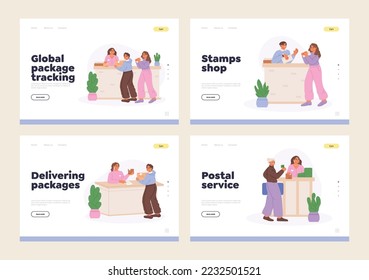 Postal service and package tracking and delivery concept of template landing pages set with people at post office receiving or sending parcels and letters mail. Cartoon flat vector illustration