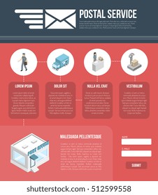 Postal service page template for web design with fields for personal data and submit button flat vector illustration   