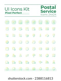 Postal service pixel perfect gradient linear ui icons set. Parcel delivery. Mailing. Line contour user interface symbols. Vector isolated outline illustrations. Montserrat Bold, Light fonts used