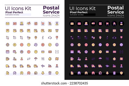 Postal service pixel perfect RGB color ui icons set for dark, light mode. Simple filled line element. GUI, UX design for mobile app. Vector isolated pictogram. Editable stroke. Arial font used