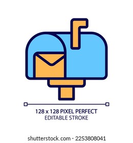 Postal service pixel perfect RGB color icon. Delivering letters, postcards. Postbox. Written communication. Correspondence. Isolated vector illustration. Simple filled line drawing. Editable stroke