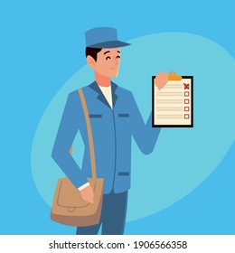 postal service postman character check list and bag vector illustration