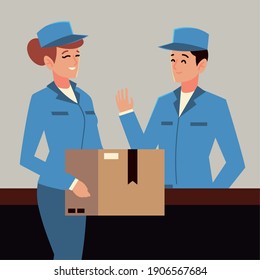 cartero de servicio postal y trabajadora femenina con ilustraciones vectoriales de caracteres de caja