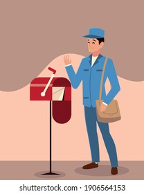 postal service postman with mailbox envelope vector illustration