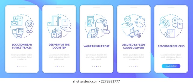 Postdienst-Profis blauer Farbverlauf-Onboarding Mobile App Bildschirm. 5-stufige grafische Anleitungen mit linearen blauen Farbverlaufskonzepten. UI, UX, GUI-Vorlage. Myriad Pro-kühne, Standardschriftarten verwendet