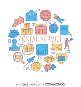 Afiche redondo del servicio postal al estilo de la línea de colores. Entrega de correo y paquetes, cartero, oficina de correos. Ilustración vectorial.