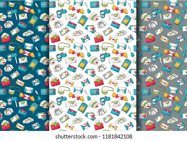 Postal service seamless pattern. Colorful childish decor repeat background. Hand drawn doodle cartoon style mail and package delivery courier design concept. Vector illustration.