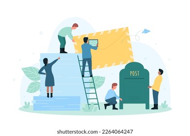 Postal service to send and get letter, correspondence vector illustration. Cartoon tiny people put blank post stamp on paper envelope to mail to address of recipient, character holding mailbox