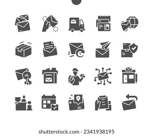 Postal service. Send letter. Post office, delivery truck, insurance package. Vector Solid Icons. Simple Pictogram