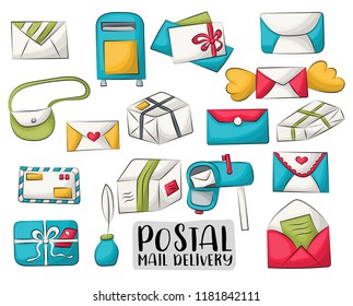 Postal service set of icons and objects. Hand drawn doodle cartoon style mail and package delivery courier design concept. Vector illustration.