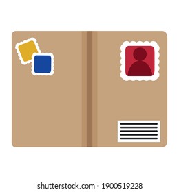 postal service, top view cardboard box courier delivery related vector illustration