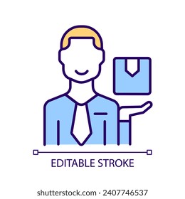 Postal service worker RGB color icon. Receive parcel. Professional assistance. Drop off point. Isolated vector illustration. Simple filled line drawing. Editable stroke. Arial font used