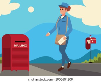 postal service worker woman with envelope and mailbox in street vector illustration