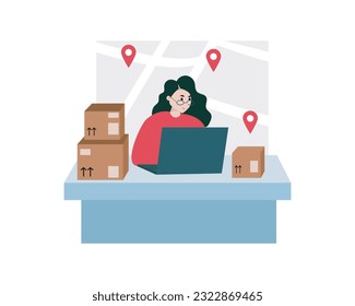 Postal service worker in workplace. Focused young woman seated at desk with piles of cardboard boxes typing on portable computer. Flat vector illustration